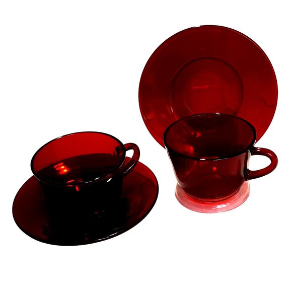 2 Royal Ruby Cups Saucers Vitage Anchor Hocking Vintage Discontinued Red Glass - Picture 2 of 7